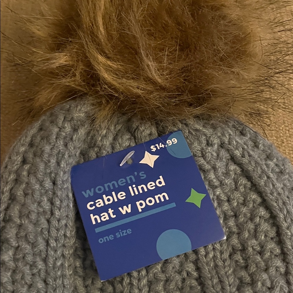 Gray Cable Knit Hat with Brown Pom - Picture 3 of 4